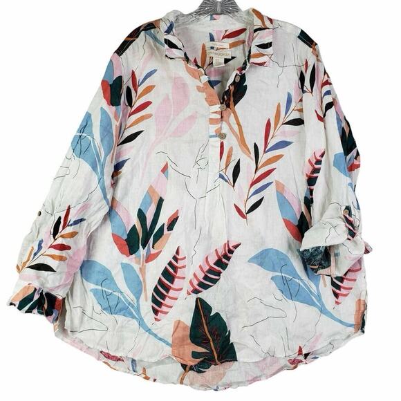 Cynthia Rowley Tunic Shirt Popover Womens 2X White Linen Button LS Tropical - Picture 2 of 9